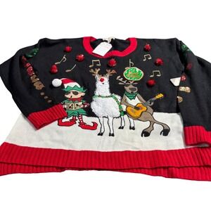 Its Our Time Womens Ugly Christmas Sweater XL Llama Reindeer Elf Music